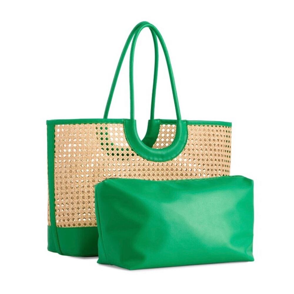 Shiraleah Lyra Tote Bag Green Woven Cane Straw Vegan Leather Large Beach NWT - Picture 2 of 7
